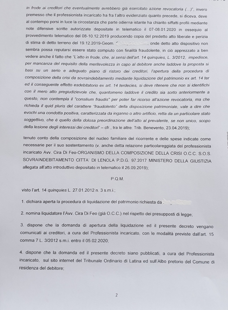 ordininanza-liquidazione-patrimonio tribunale di latina sovraindebitamento legalprofessional network